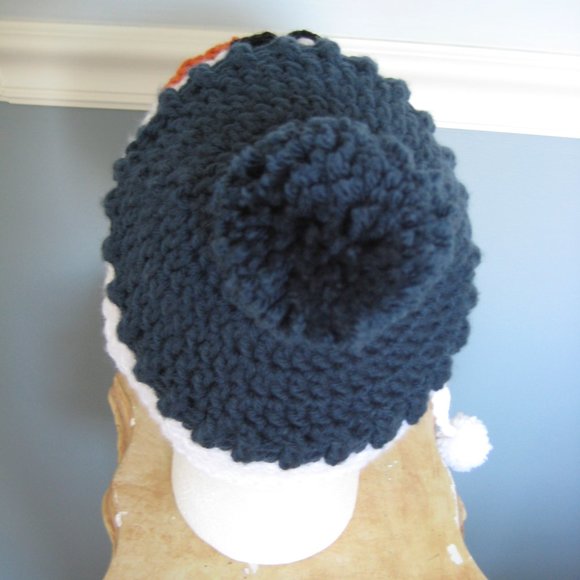 Navy Blue Snowman Hand Knit Hat / Unisex Child / Earflaps, Ties, Pom Pom's -SALE - Picture 3 of 6